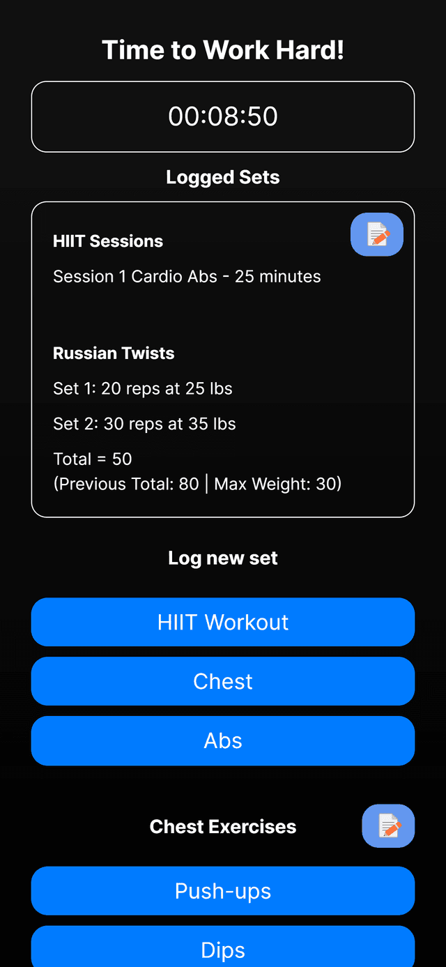 Screenshot of Workout Tracker App